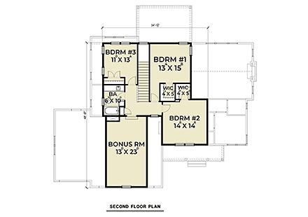 Craftsman, Farmhouse House Plan 40965 with 4 Bed, 3 Bath, 3 Car Garage Second Level Plan