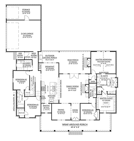Country, Farmhouse House Plan 41423 with 4 Bed, 3 Bath, 2 Car Garage First Level Plan