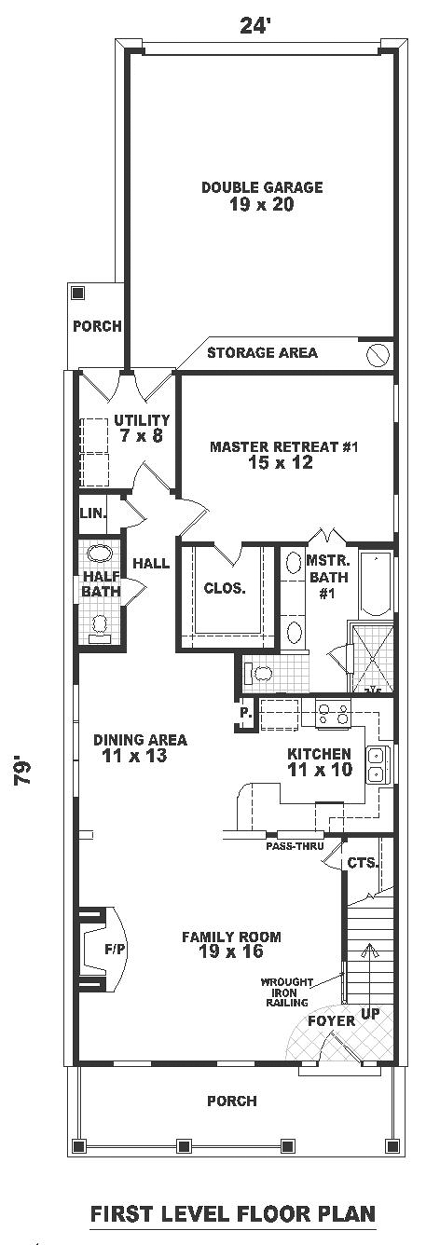 Colonial, Narrow Lot House Plan 46368 with 3 Bed, 3 Bath, 2 Car Garage First Level Plan