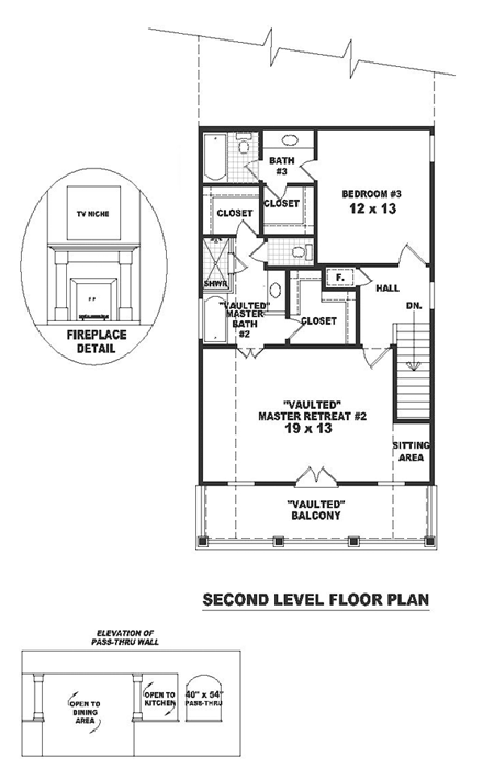 Colonial, Narrow Lot House Plan 46368 with 3 Bed, 3 Bath, 2 Car Garage Second Level Plan