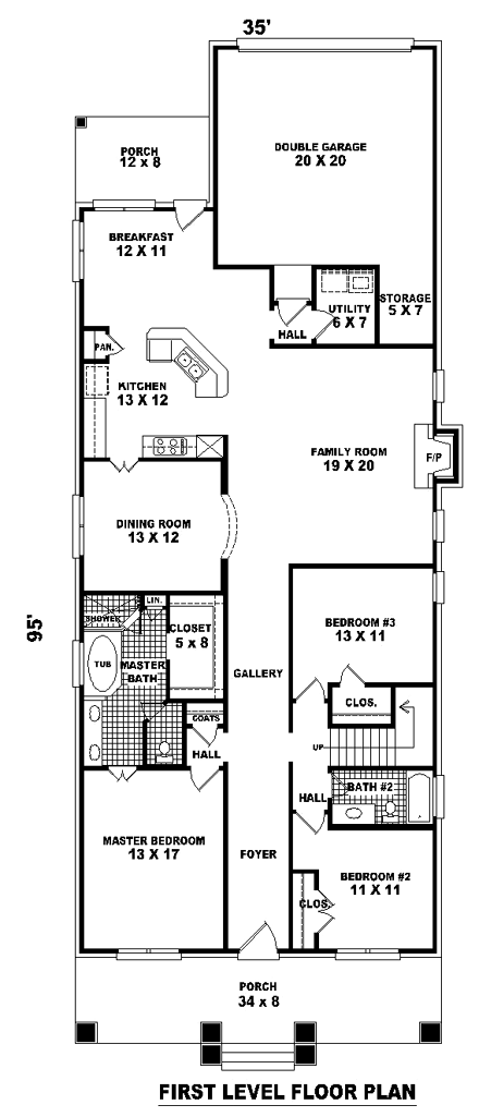 Craftsman, Narrow Lot, One-Story House Plan 46831 with 3 Bed, 2 Bath, 2 Car Garage First Level Plan