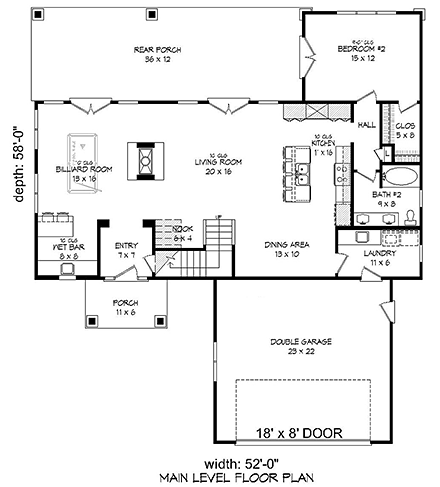Colonial, Southern, Traditional House Plan 51599 with 3 Bed, 3 Bath, 2 Car Garage First Level Plan
