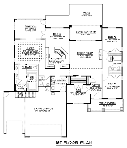 Bungalow, Country, Craftsman, Traditional House Plan 51819 with 3 Bed, 3 Bath, 3 Car Garage First Level Plan