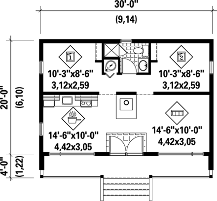 House Plan 52784 with 2 Bed, 1 Bath First Level Plan