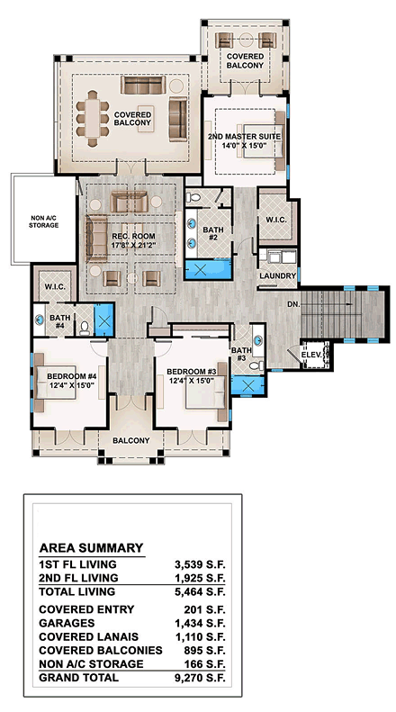 Coastal, Florida, Mediterranean House Plan 52928 with 4 Bed, 6 Bath, 4 Car Garage Second Level Plan