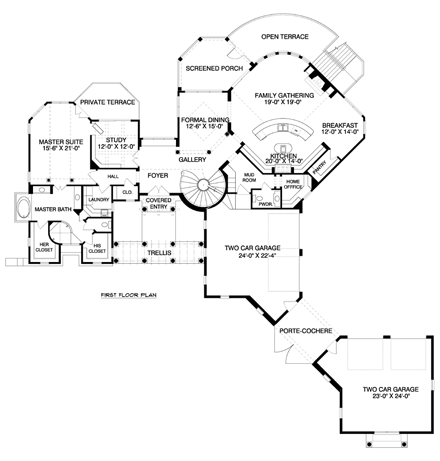 Mediterranean House Plan 53734 with 5 Bed, 6 Bath, 4 Car Garage First Level Plan