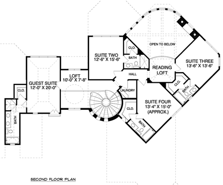 Mediterranean House Plan 53734 with 5 Bed, 6 Bath, 4 Car Garage Second Level Plan
