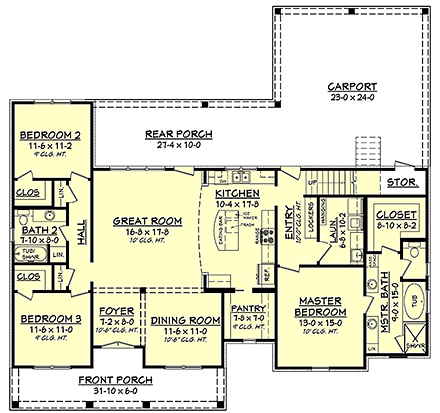 Acadian, Country, European, French Country, Southern House Plan 56908 with 3 Bed, 2 Bath, 2 Car Garage First Level Plan