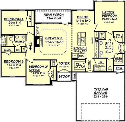 Country, French Country House Plan 56988 with 4 Bed, 2 Bath, 2 Car Garage First Level Plan