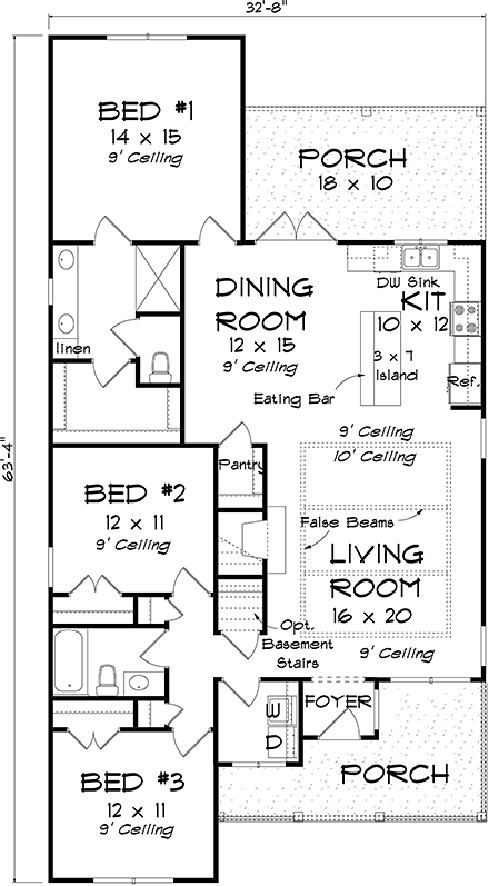 Cottage, Traditional House Plan 61494 with 3 Bed, 2 Bath First Level Plan