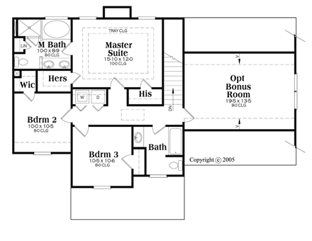 House Plan 72650 with 3 Bed, 3 Bath, 2 Car Garage Second Level Plan