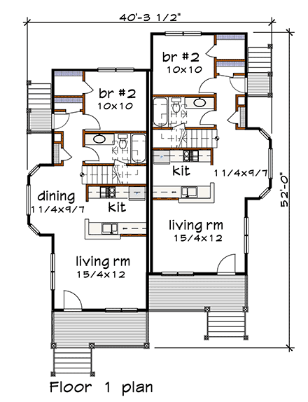 Bungalow Multi-Family Plan 72778 with 6 Bed, 4 Bath First Level Plan