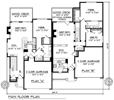 Ranch Multi-Family Plan 73484 with 3 Bed, 2 Bath, 4 Car Garage First Level Plan