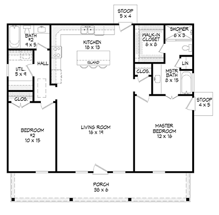 Cottage, Country, Farmhouse House Plan 80975 with 2 Bed, 2 Bath First Level Plan
