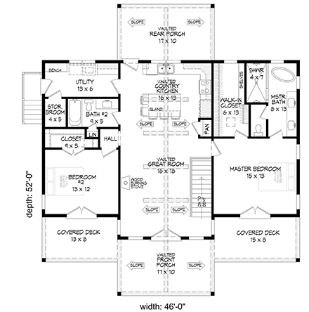 Bungalow, Cabin, Country, Craftsman, Ranch, Traditional House Plan 80977 with 2 Bed, 2 Bath First Level Plan
