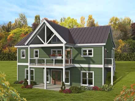 Bungalow, Cabin, Country, Craftsman, Ranch, Traditional House Plan 80977 with 2 Bed, 2 Bath Rear Elevation