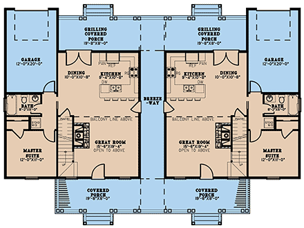 Bungalow, Cabin, Country, Craftsman Multi-Family Plan 82658 with 3 Bed, 2 Bath, 1 Car Garage First Level Plan