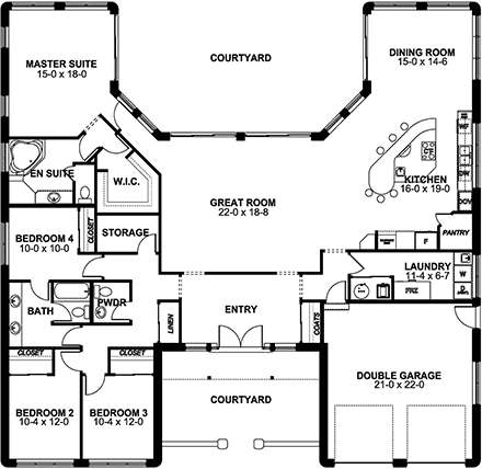 Southwest House Plan 90883 with 4 Bed, 3 Bath First Level Plan