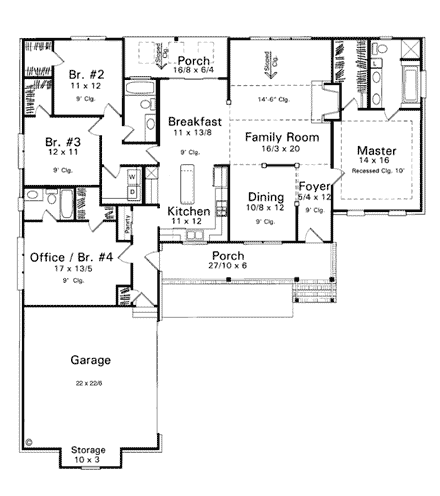 One-Story, Ranch House Plan 93441 with 4 Bed, 3 Bath, 2 Car Garage First Level Plan