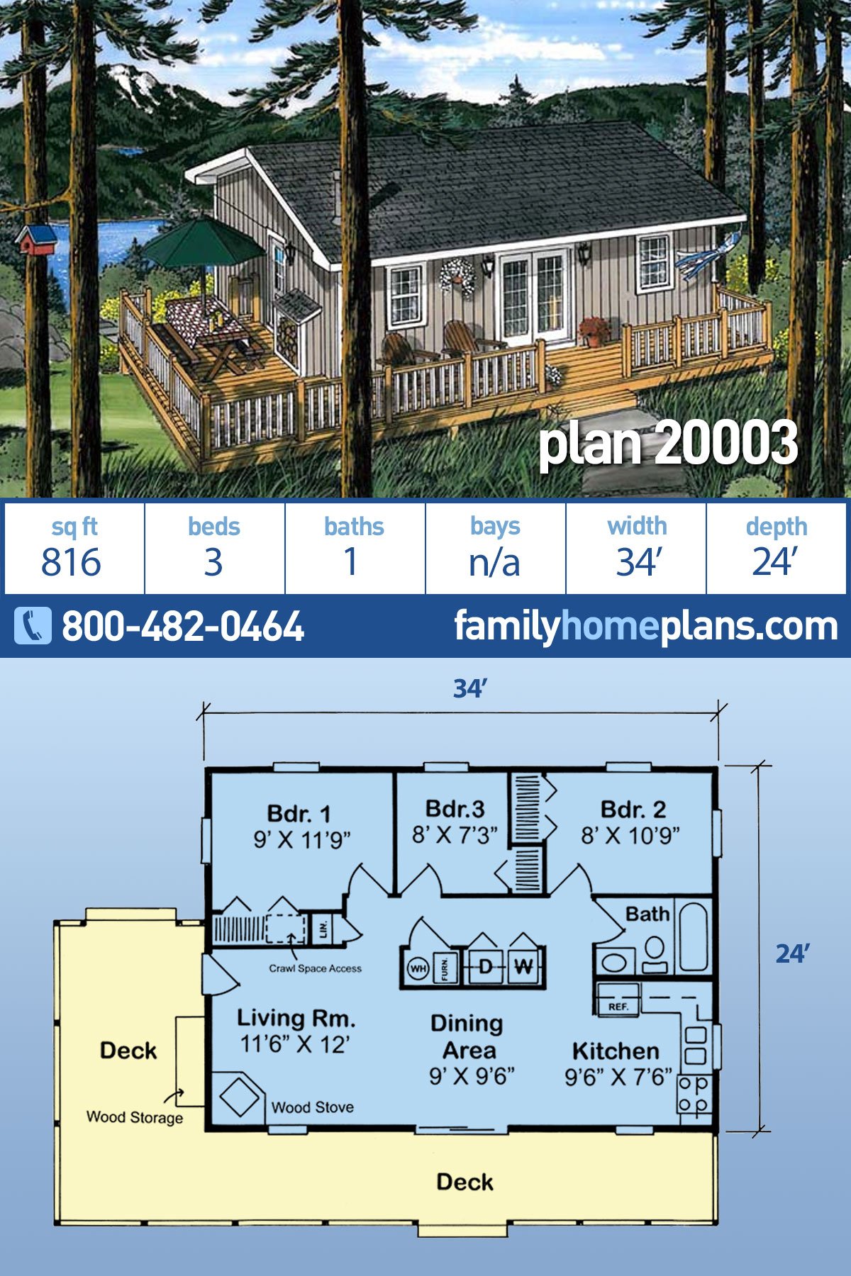 Cabin, Traditional House Plan 20003 with 3 Beds, 1 Baths