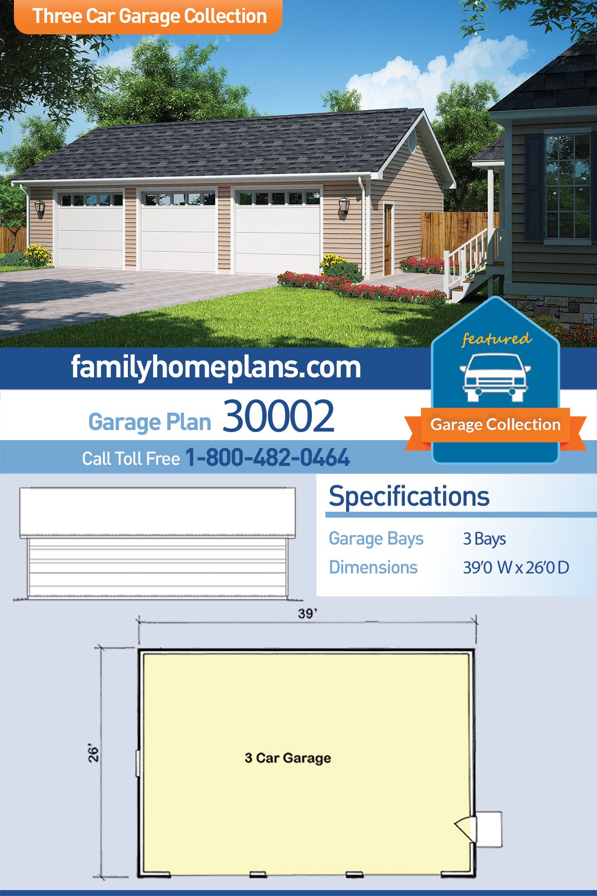 Country, Ranch, Traditional 3 Car Garage Plan 30002