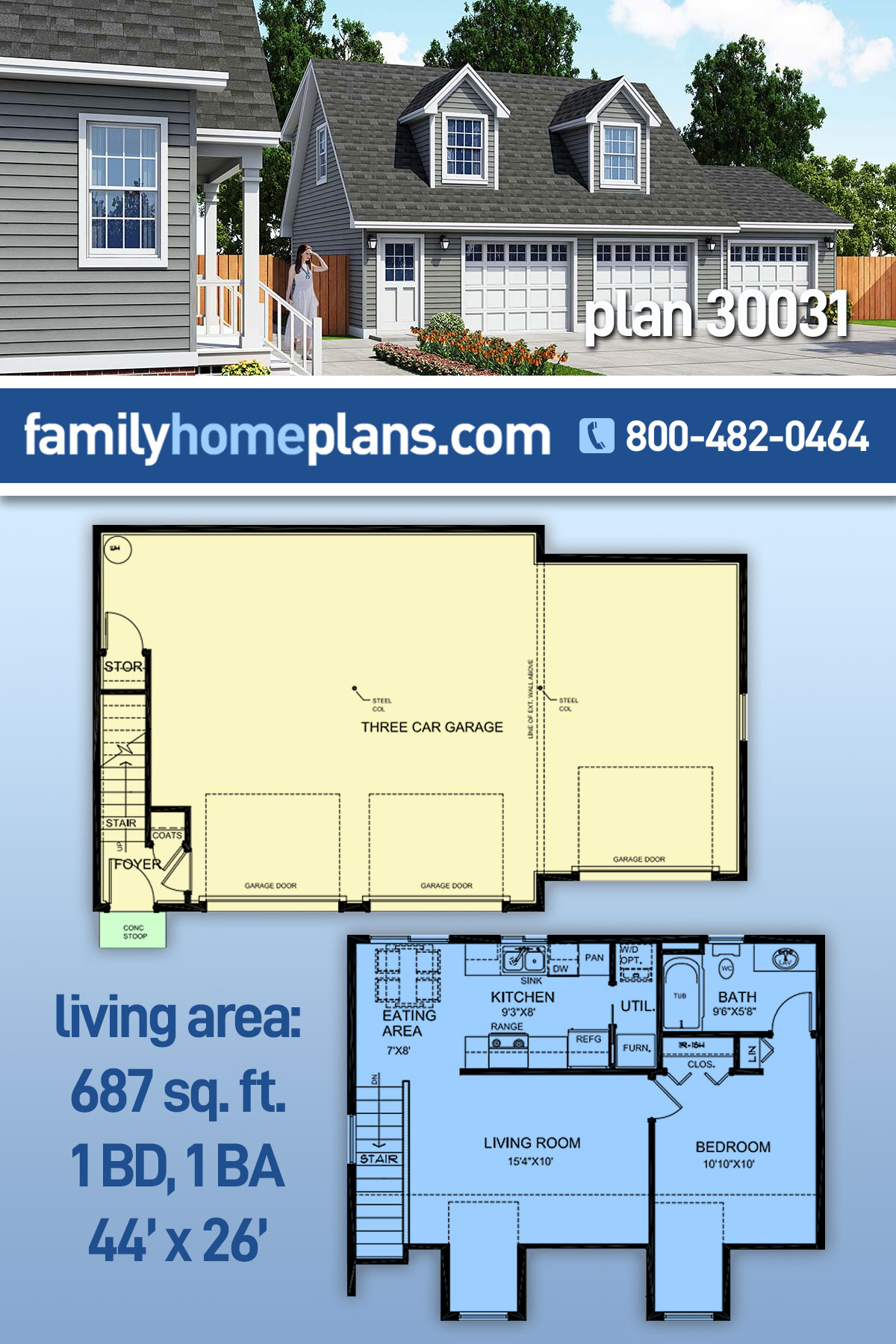 Cape Cod, Country 3 Car Garage Apartment Plan 30031 with 1 Beds, 1 Baths