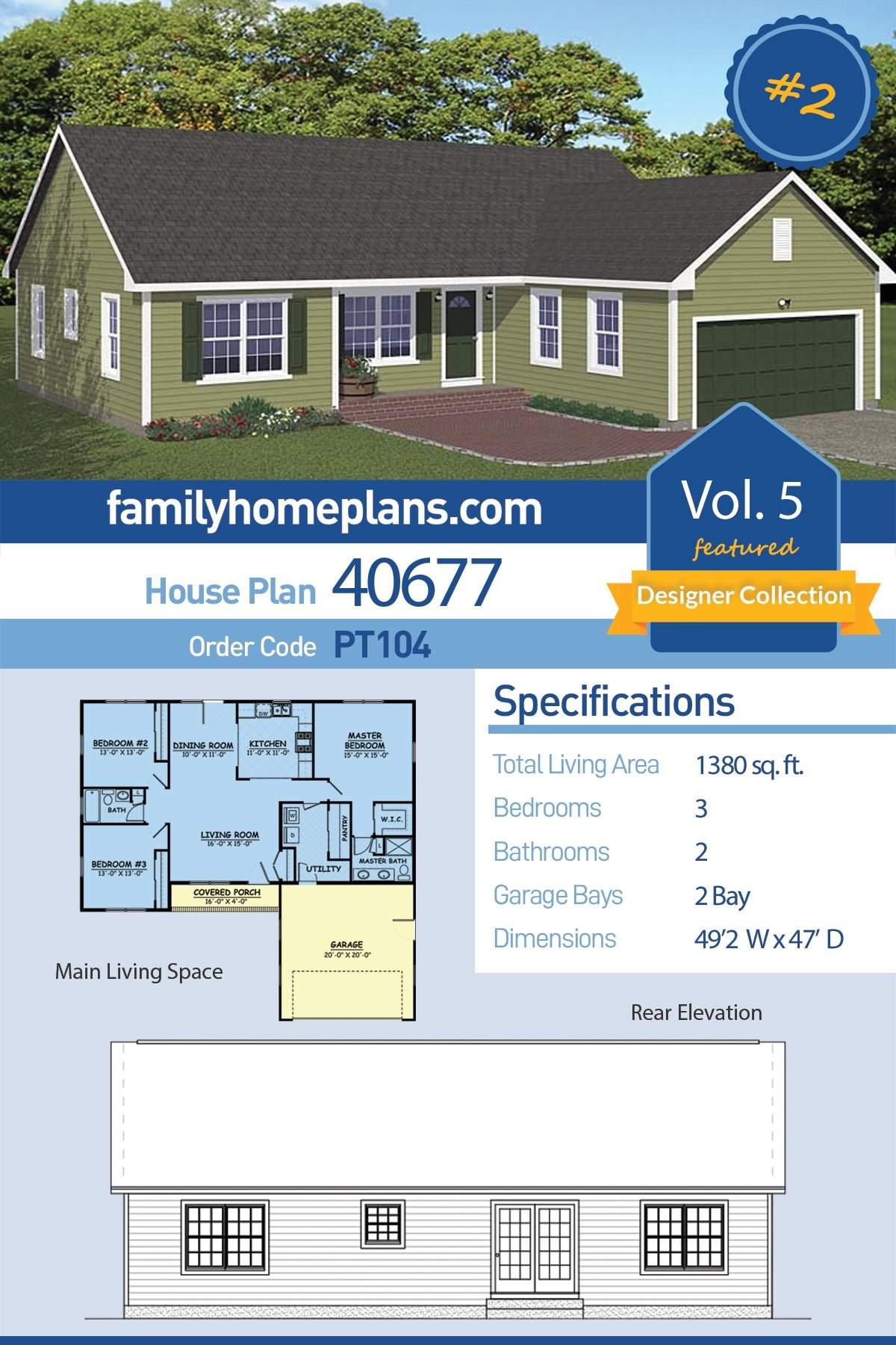 House Plan 40677 Ranch, Traditional Style, 1380 Sq Ft, 3 Bedrooms, 2 Full Bath, 2 Car Garage