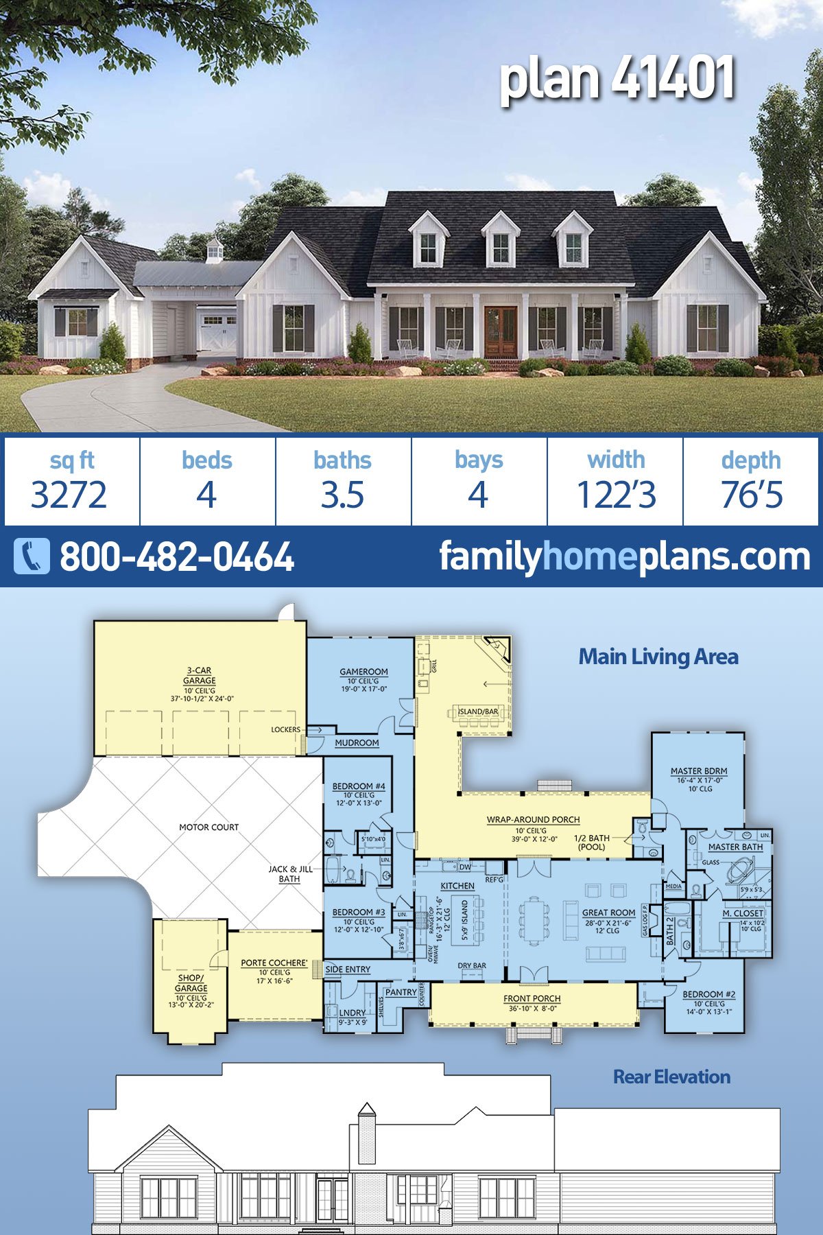 Country, Farmhouse House Plan 41401 with 4 Beds, 4 Baths, 4 Car Garage