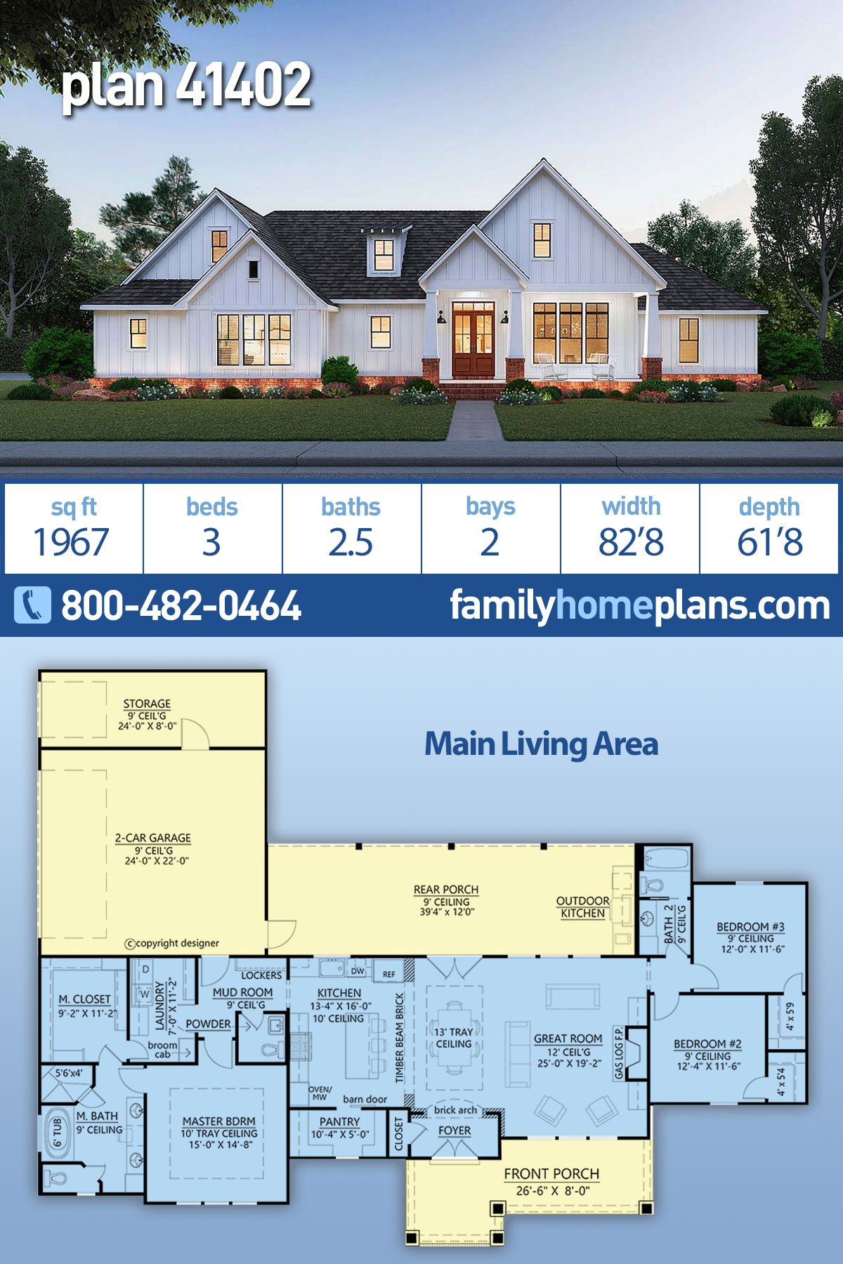 New Farmhouse House Plan 41402 Three Bedrooms and Great Curb Appeal -  Family Home Plans