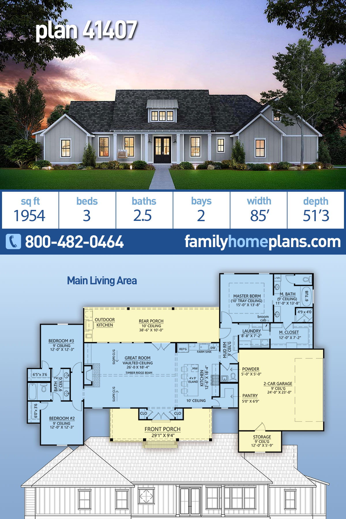 Plan 41407 Southern Style House Plan With Side Load Garage