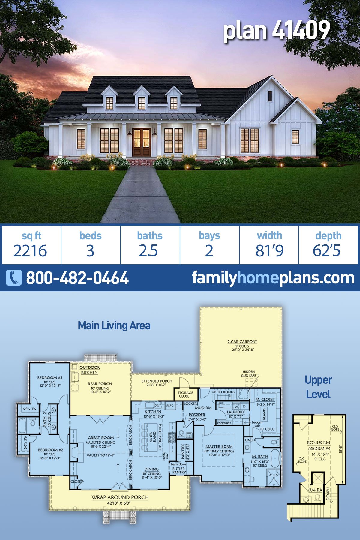 Country, Farmhouse, Southern House Plan 41409 with 3 Beds, 3 Baths, 2 Car Garage