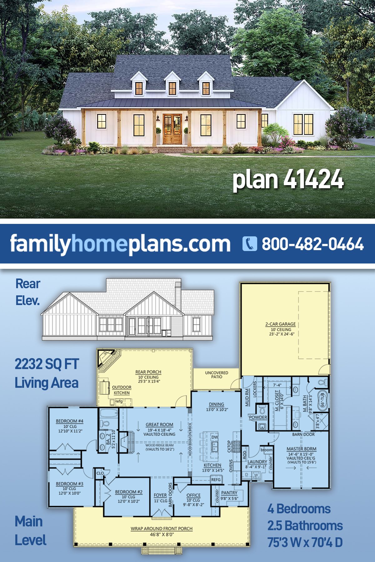 Country, Farmhouse, Southern House Plan 41424 with 4 Beds, 3 Baths, 2 Car Garage