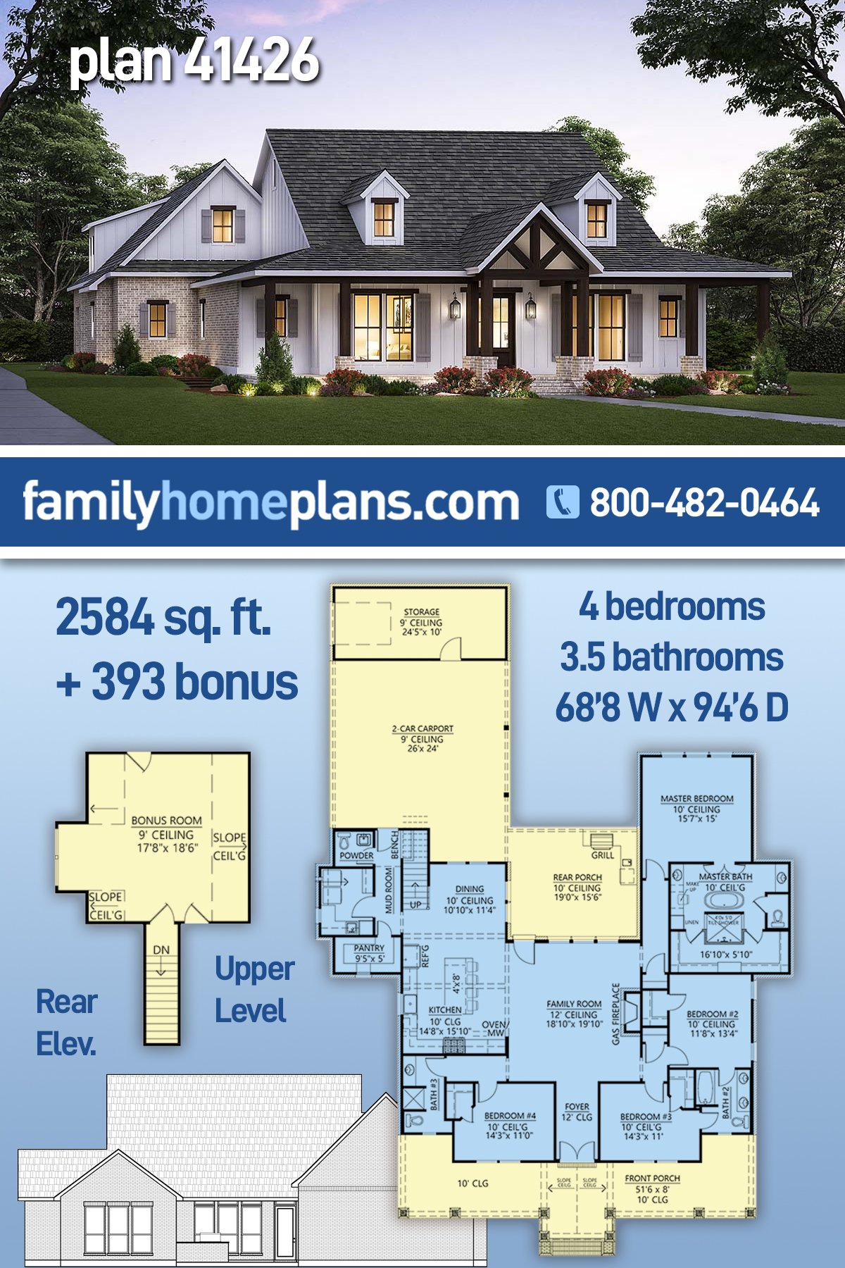 Country, Farmhouse House Plan 41426 with 4 Beds, 4 Baths, 2 Car Garage