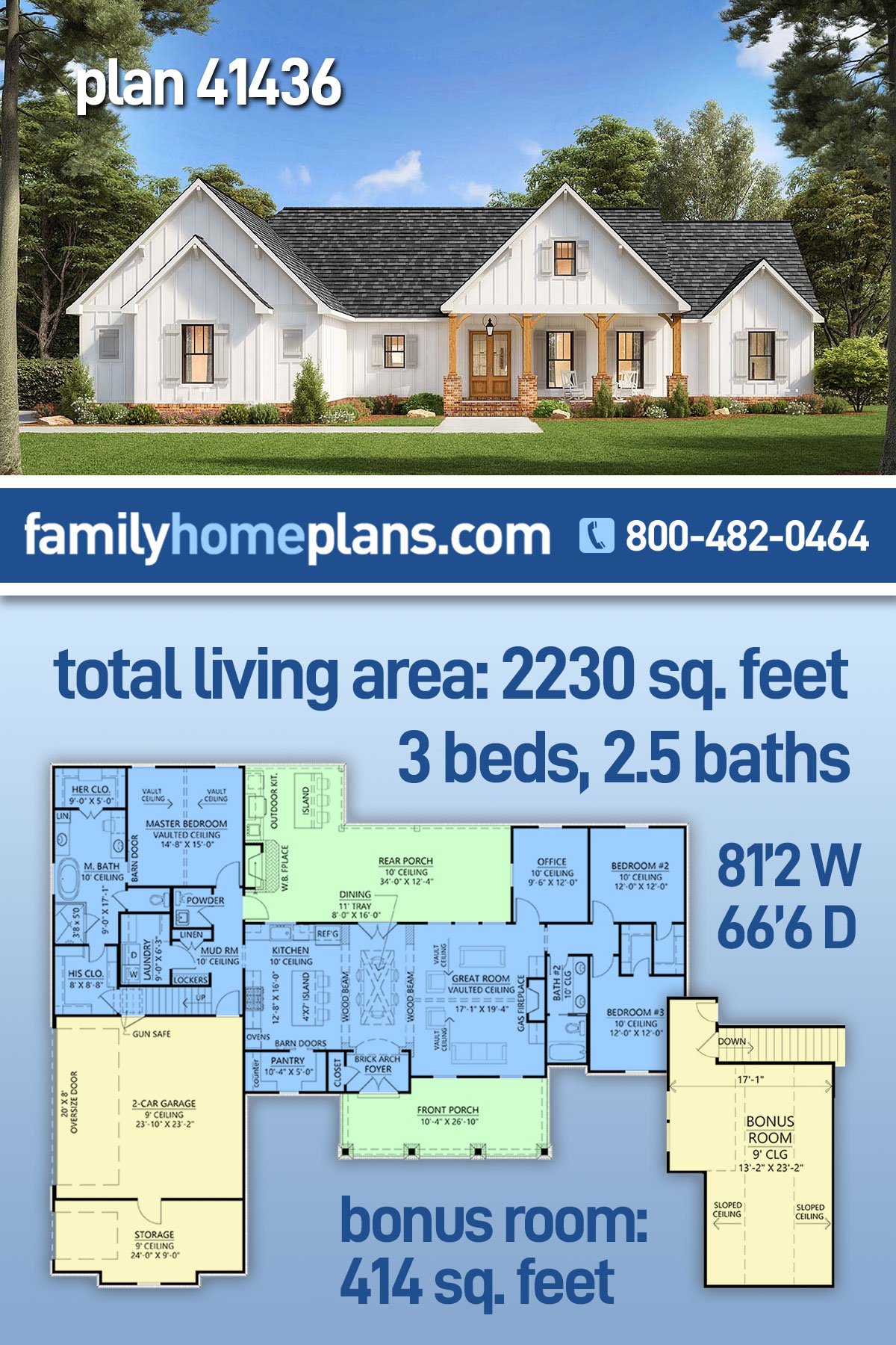 New American Home Plan with Home Office, Open Floor Plan and Bonus Room  over Garage