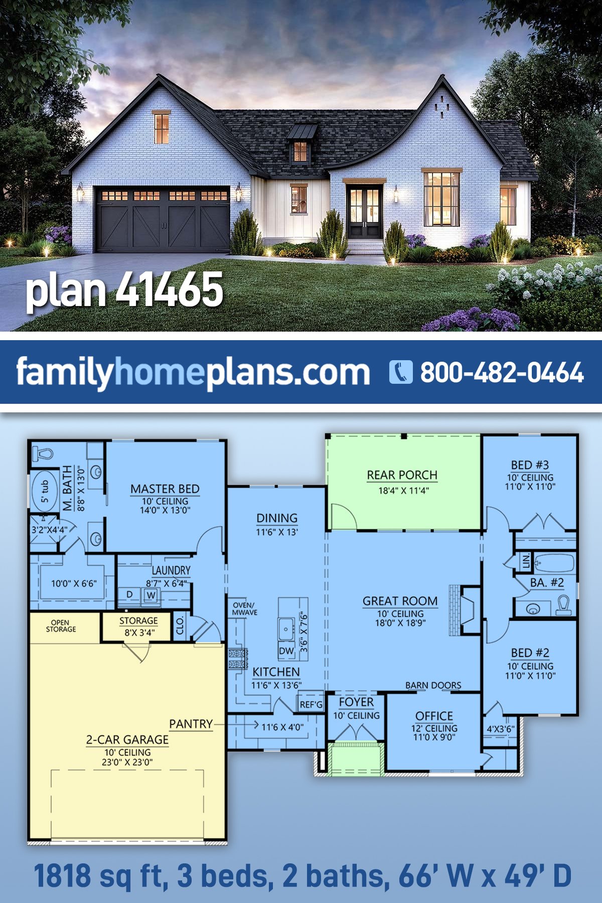 Plan 41465 | Ranch Style with 3 Bed, 2 Bath, 2 Car Garage