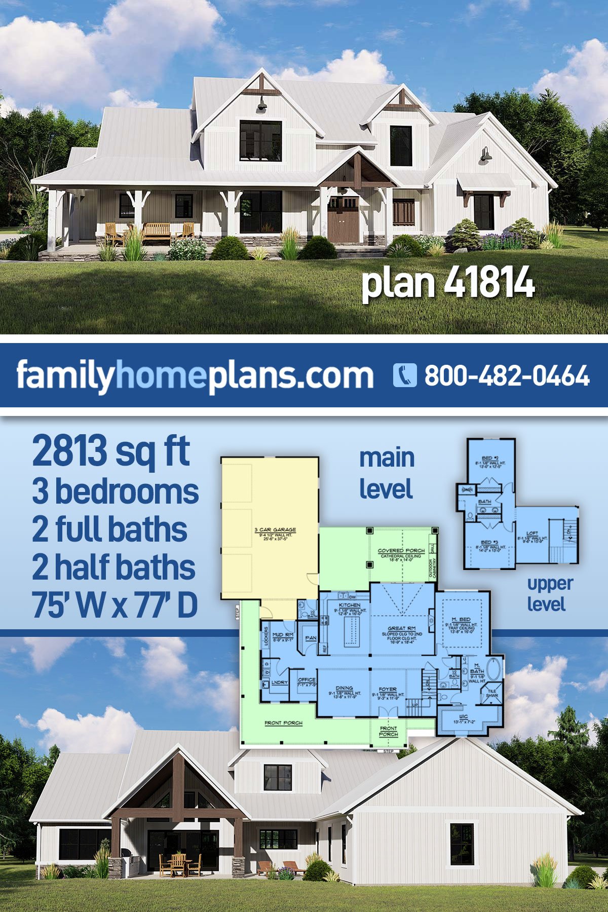 Country, Craftsman, Farmhouse, Traditional House Plan 41814 with 3 Beds, 4 Baths, 3 Car Garage