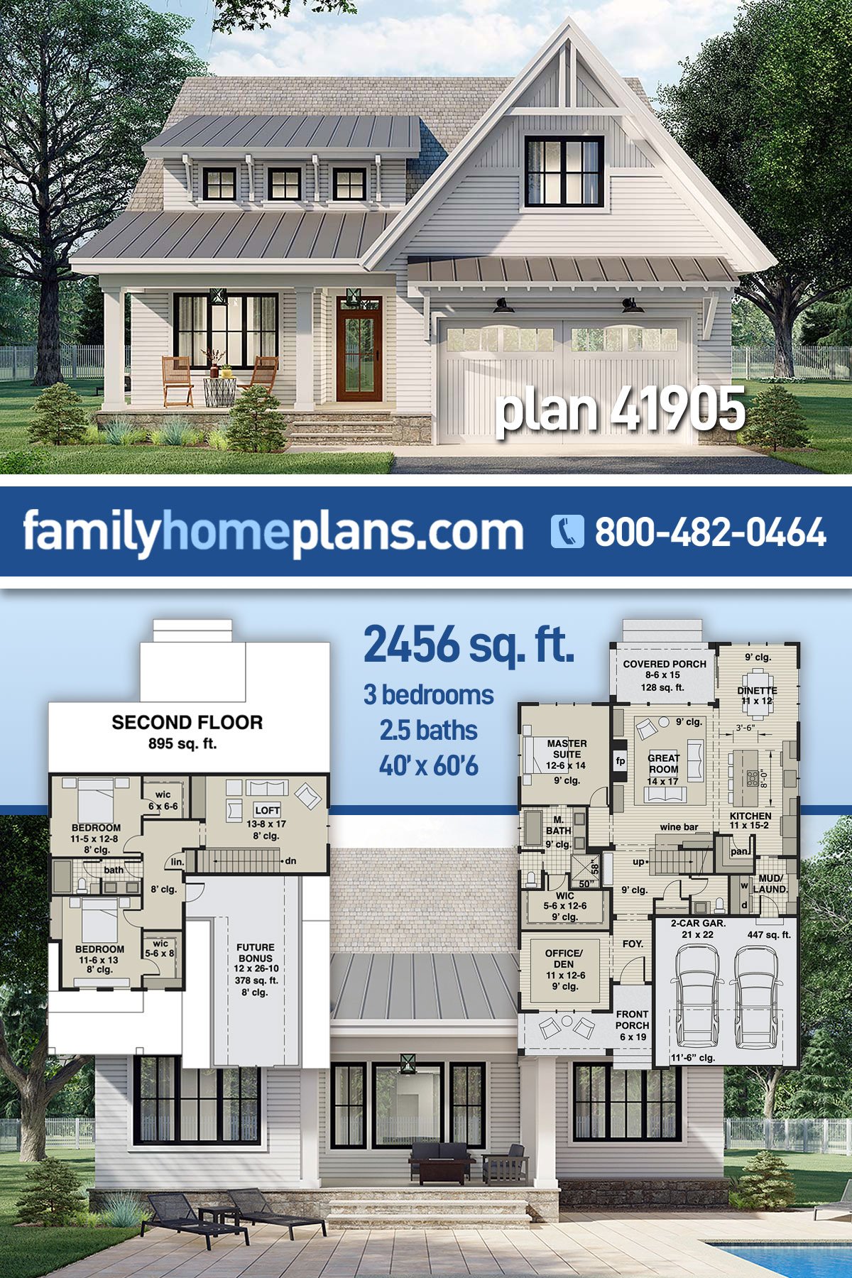 Plan 41905 | Stunning 2 Story Modern Farmhouse Plan with 2456 Sq