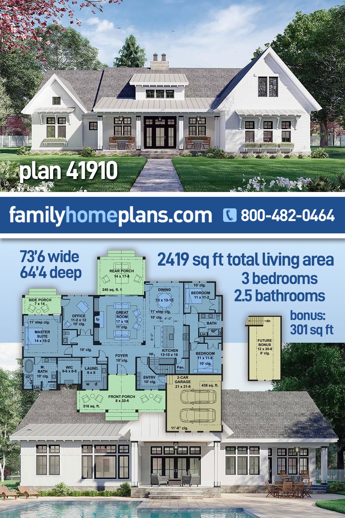 Plan 41910 | Modern Farmhouse Home Plan with 2419 Sq Ft, 3 Beds,