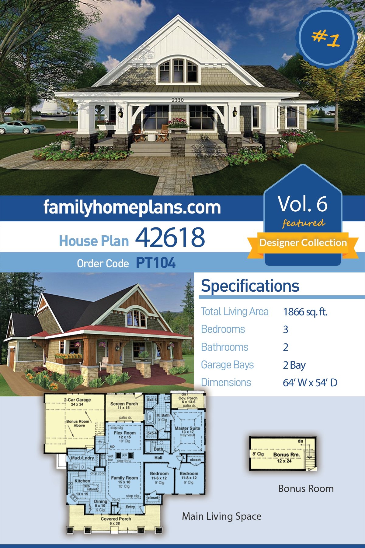 Plan 42618 | Traditional Style with 3 Bed, 2 Bath, 2 Car Garage