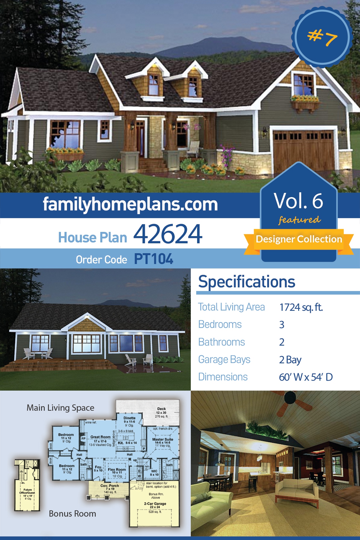 Plan 42624 Craftsman Style With 3 Bed 2 Bath 2 Car Garage   42624 