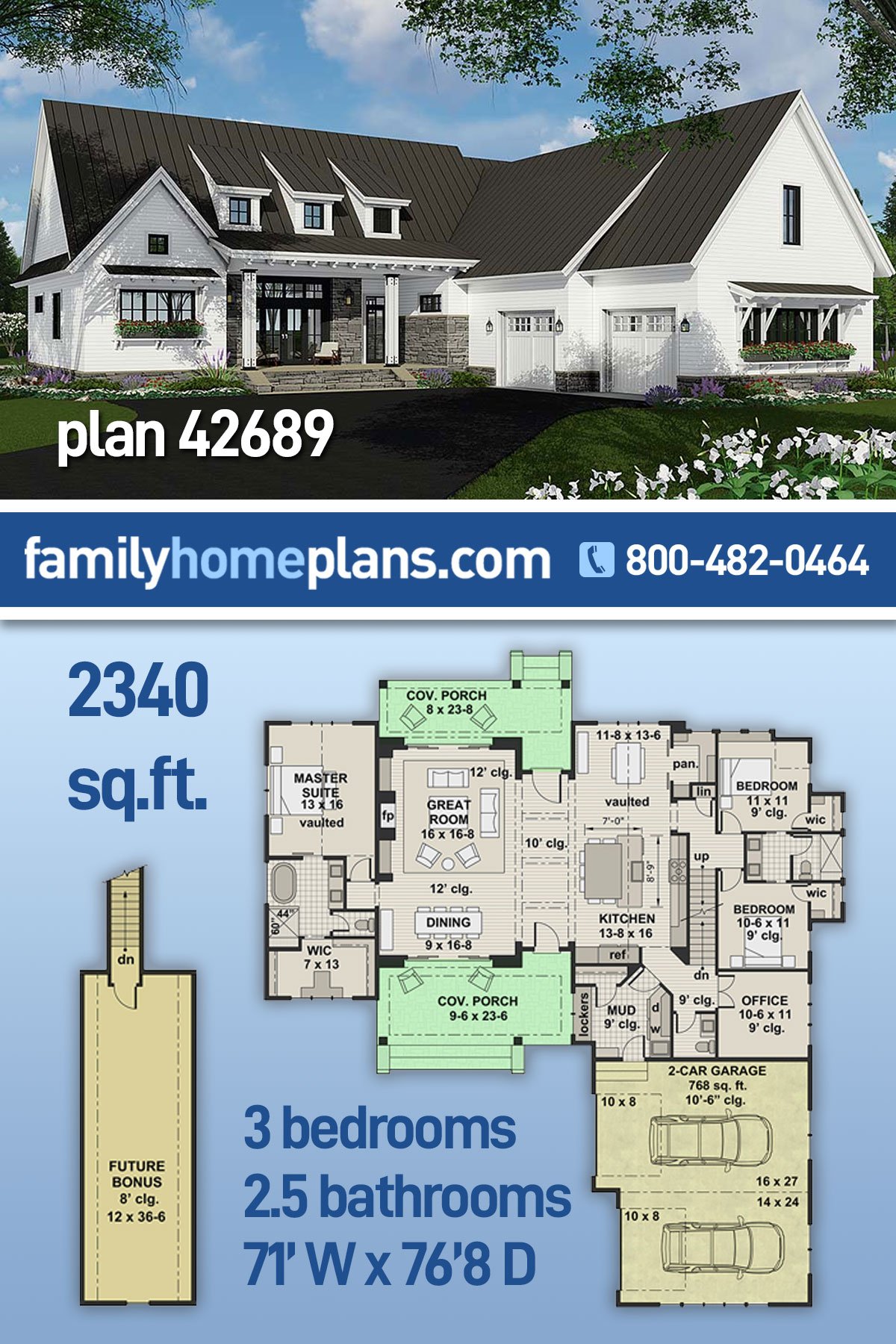 Bungalow, Cottage, Craftsman, Ranch House Plan 42689 with 3 Beds, 3 Baths, 2 Car Garage
