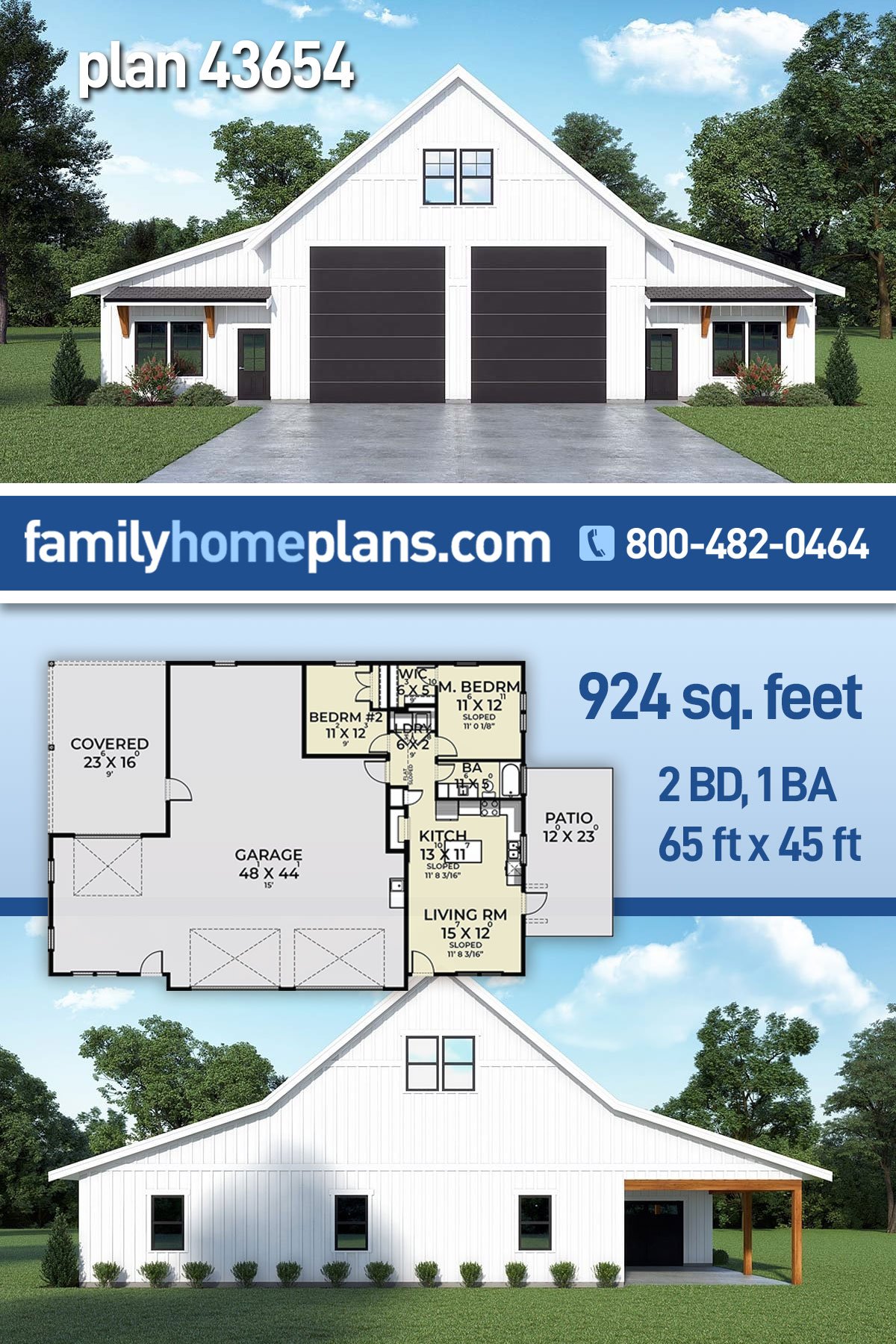 Plan 43654 | Barndominium Style Garage-Living Plan with 924 Sq Ft