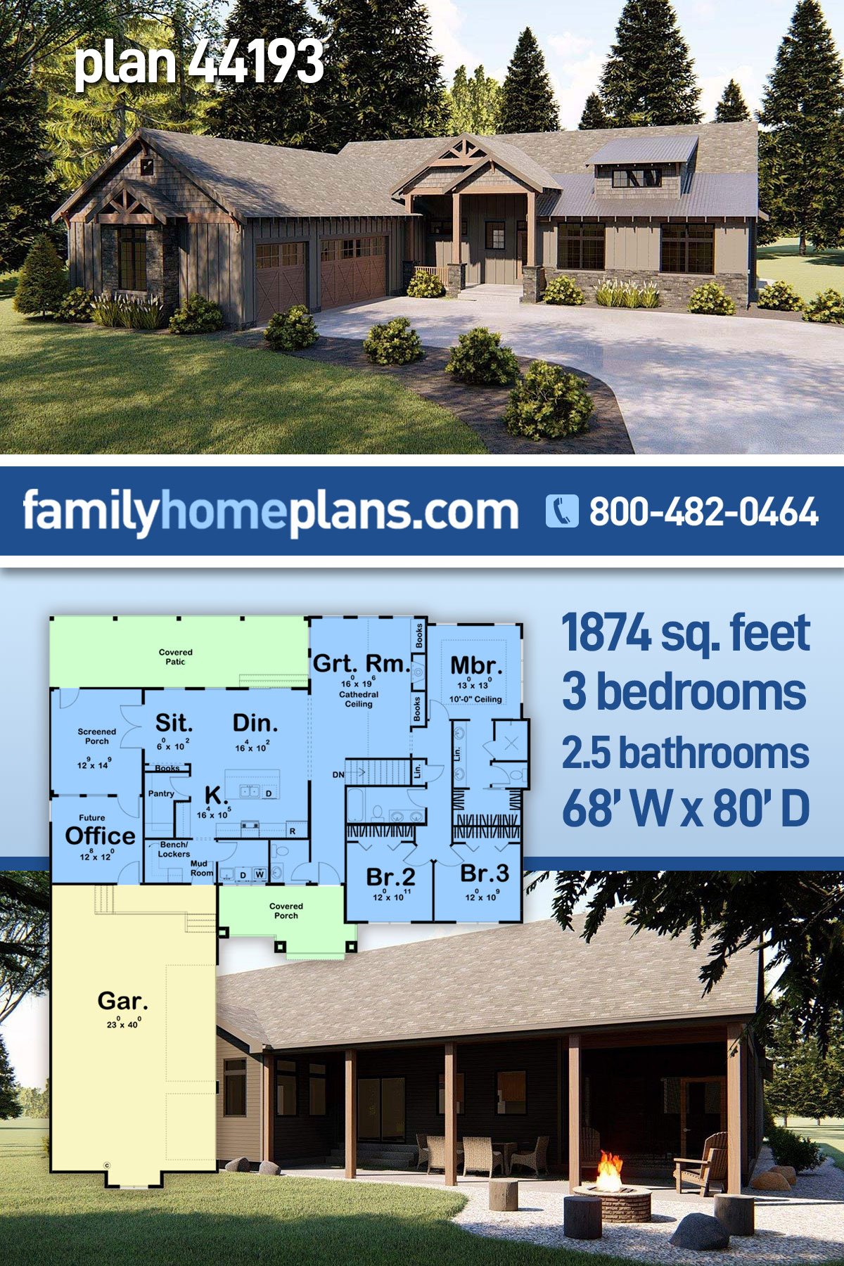 Plan 44193 | Craftsman Style with 3 Bed, 3 Bath, 3 Car Garage