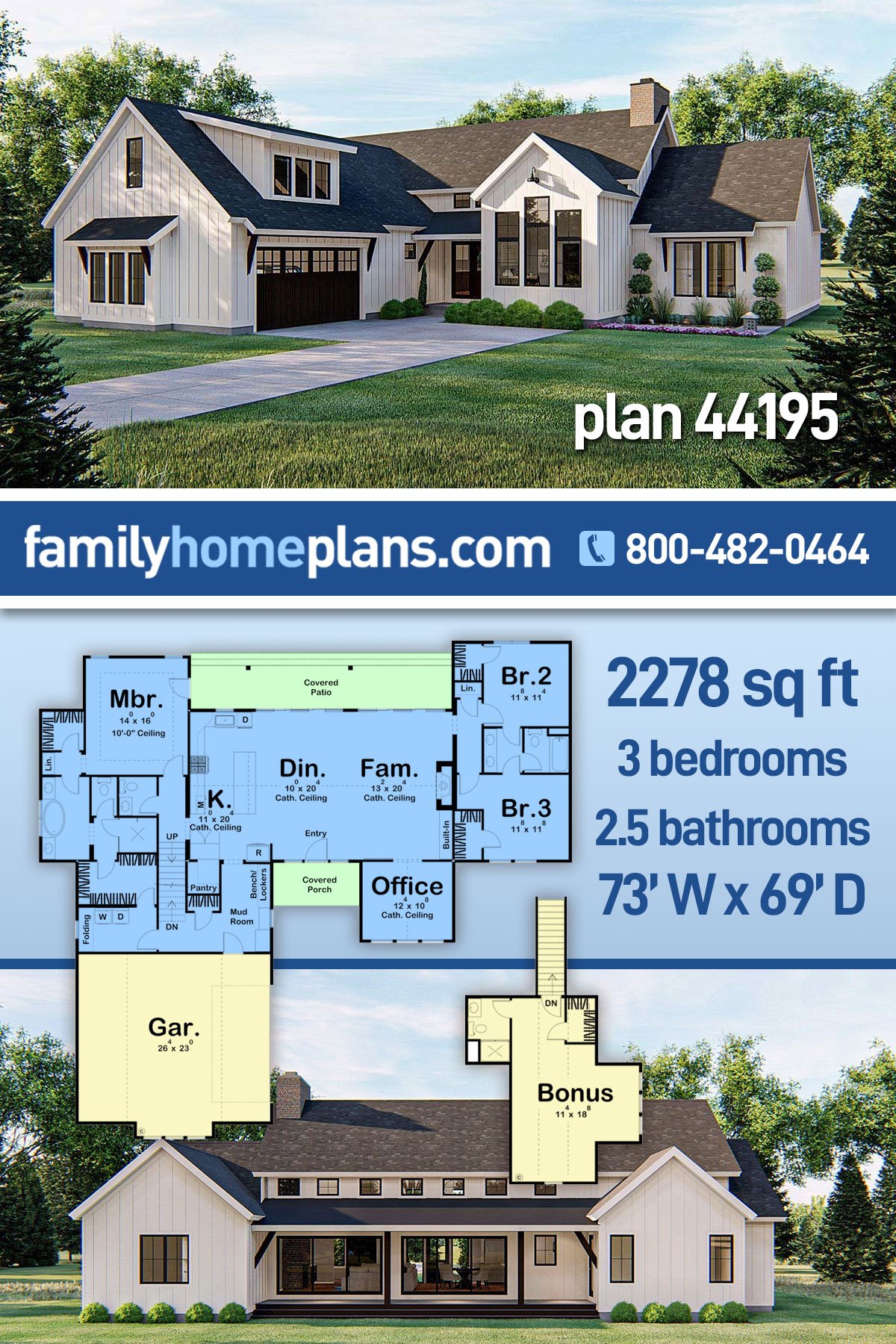 Farmhouse House Plan with 2278 Sq Ft, 3 Bedrooms, 2.5 Baths and a 2 Car ...
