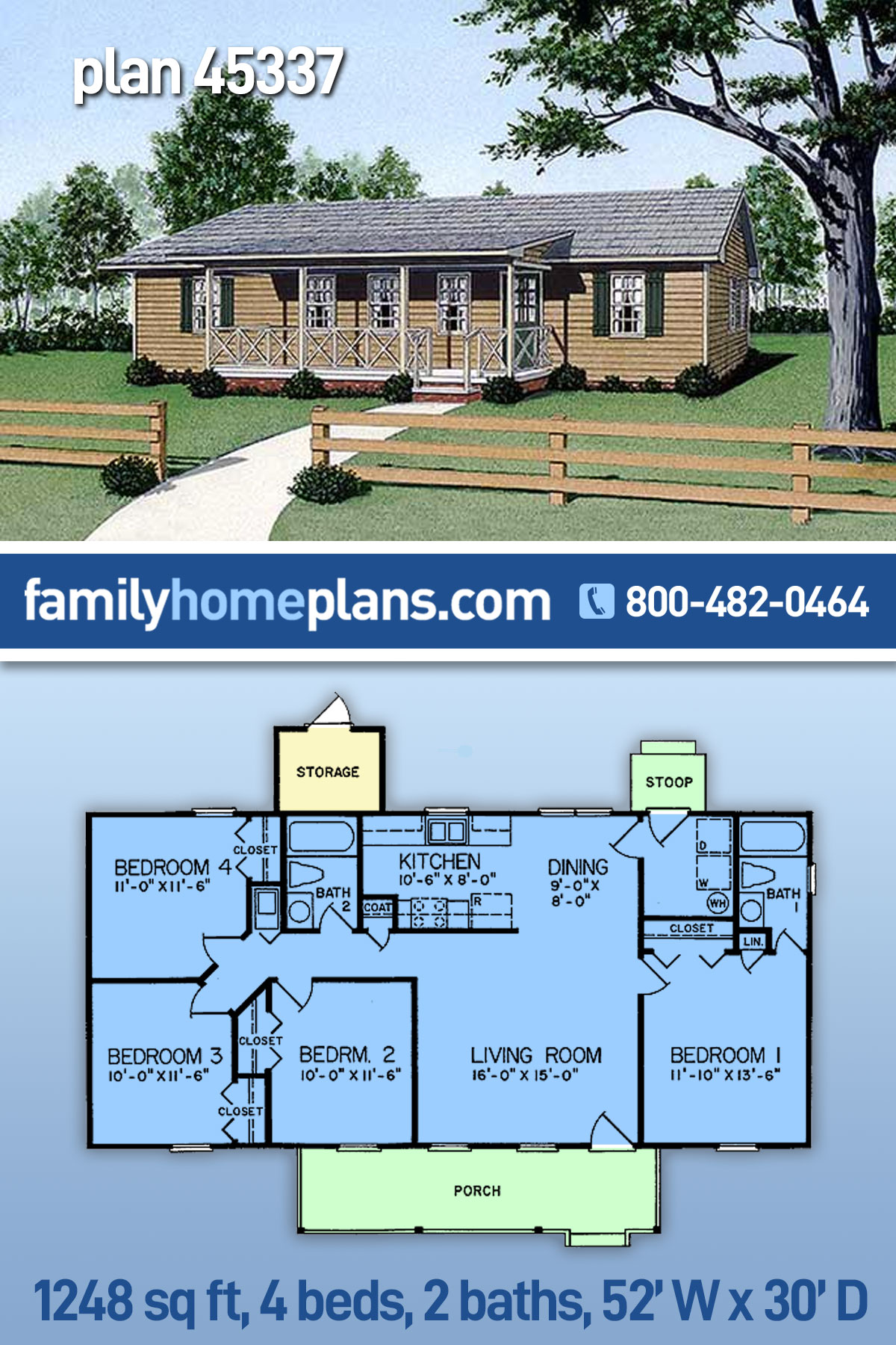 Plan 45337 | Ranch Style with 4 Bed, 2 Bath