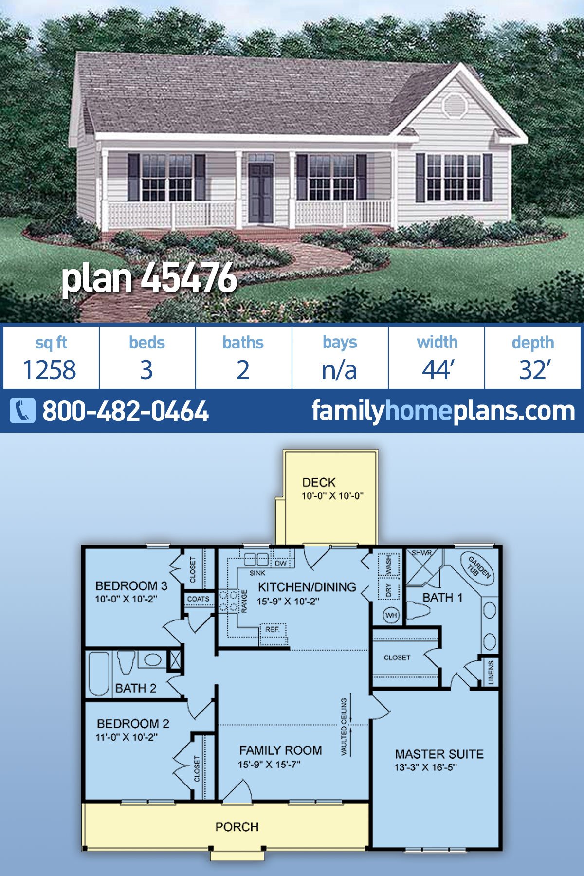 Country, Ranch, Traditional House Plan 45476 with 3 Beds, 2 Baths