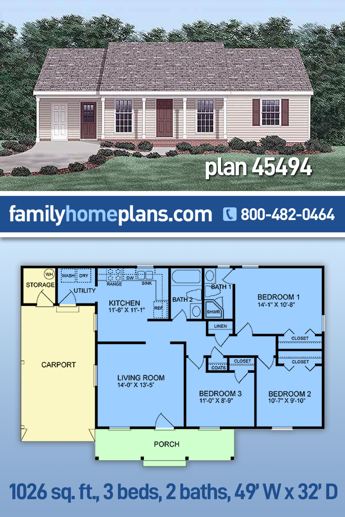 Ranch House Plan 45494 with 3 Beds, 2 Baths, 1 Car Garage