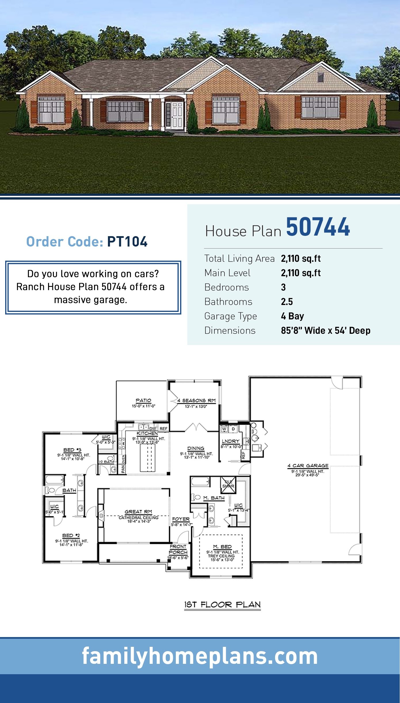 Plan 50744 | Traditional Ranch House Plan with Four Car Garage La