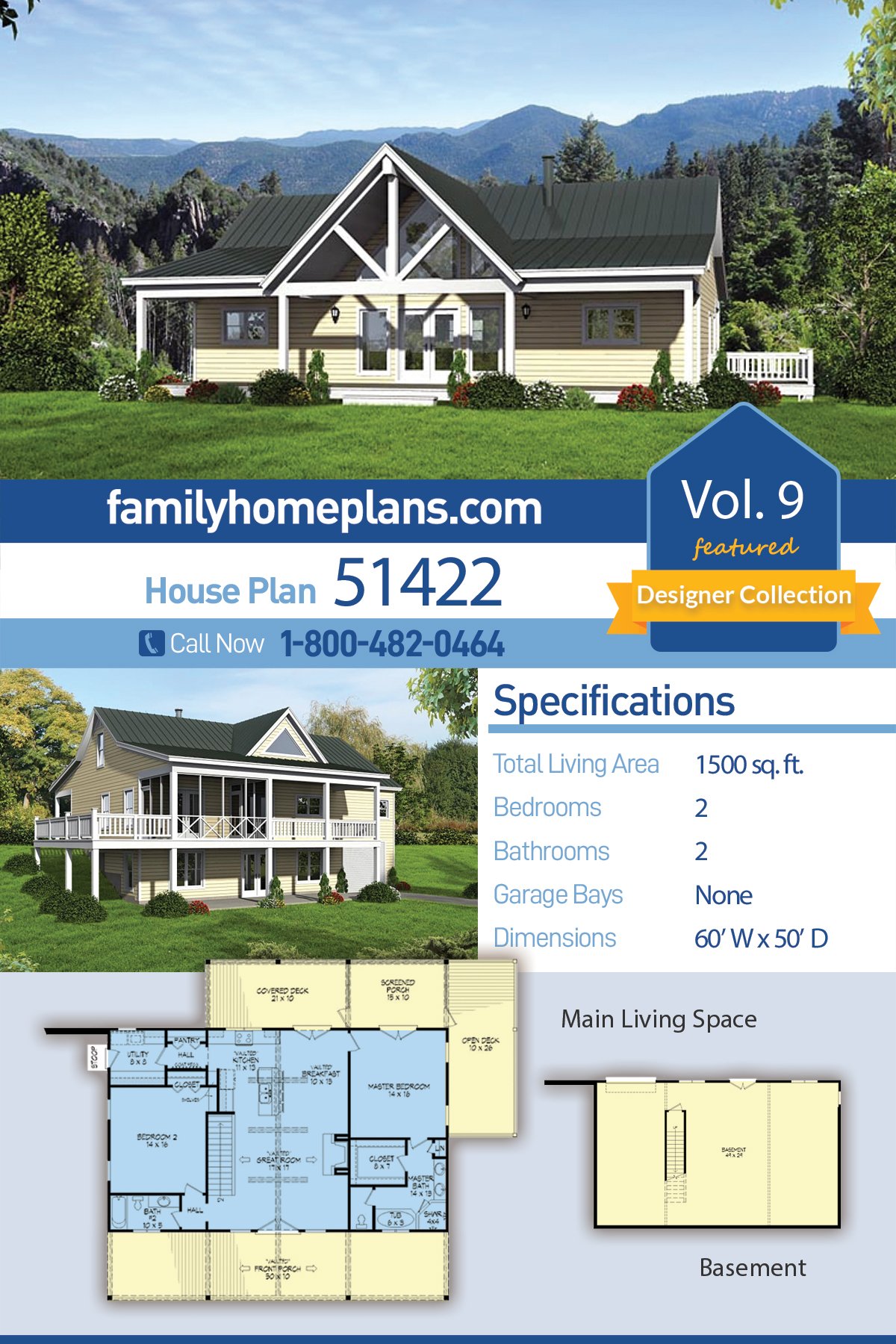 Country, Craftsman, Ranch, Traditional House Plan 51422 with 2 Beds, 2 Baths