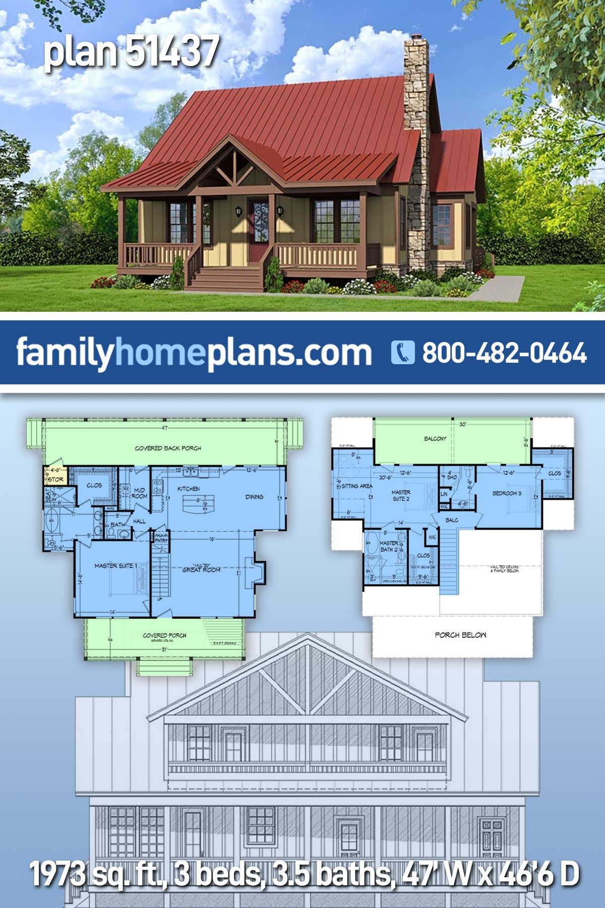 Plan 51437 | Southern Style with 3 Bed, 3 Bath